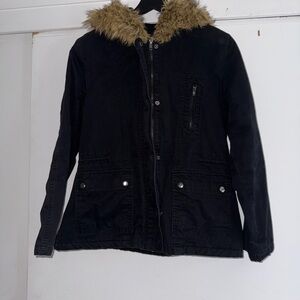 Love Tree Black Utility Jacket with Fur-Trimmed Hood